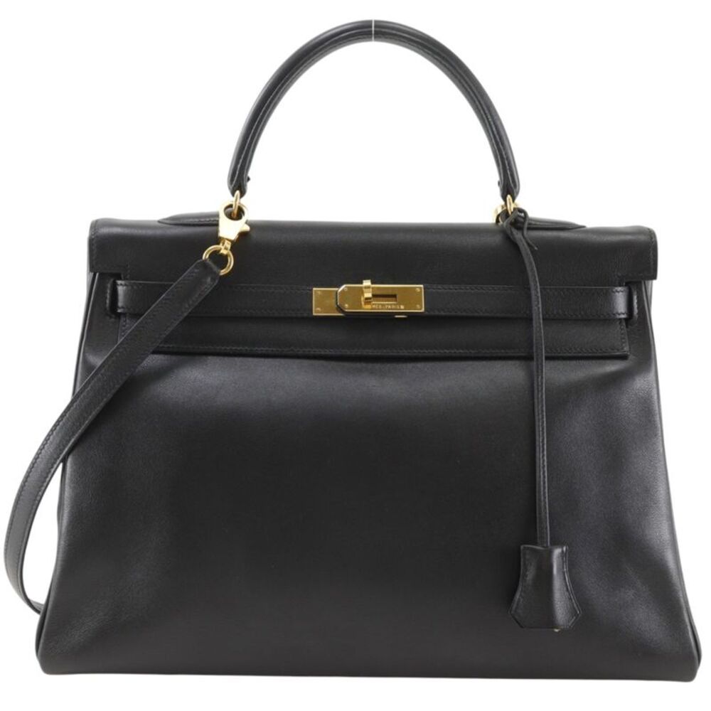 Hermes Kelly Black Box Calf With Gold Hardware Black Calfskin Handbag